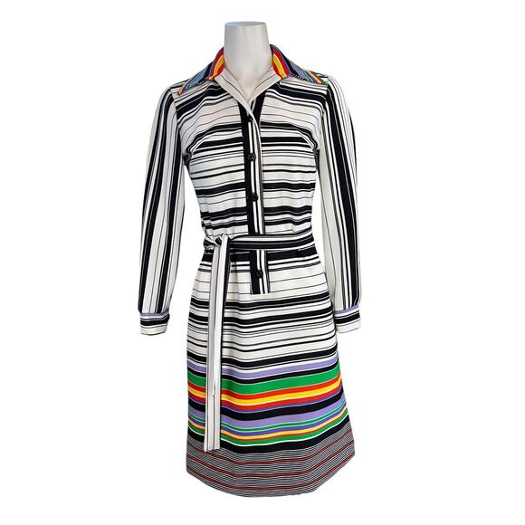Vintage Jennifer Gee Dress 1970s Big Collar Striped Long Sleeve Belted Mod 8 - Picture 1 of 10
